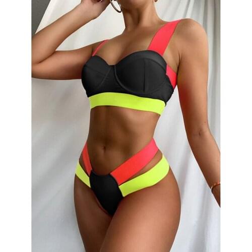 2021 Female Fashion Bikinis Swimsuit Set Swimwear Color Matching Bathing Suit Women Sexy Asymmetric Beachwear Ladies High Waist