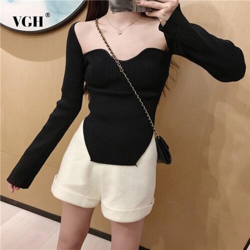 VGH Slim Basic Solid Sweater For Women Square Collar Long Sleeve Minimalist Red Knitted Pullovers Female 2020 Fashion New Style