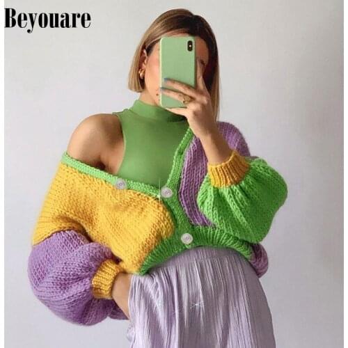 Beyouare Winter Knitting Sweater Women Panelled Patchwork Button Cardigan V Neck Long Sleeve Casual Elegant Oversized Outerwear