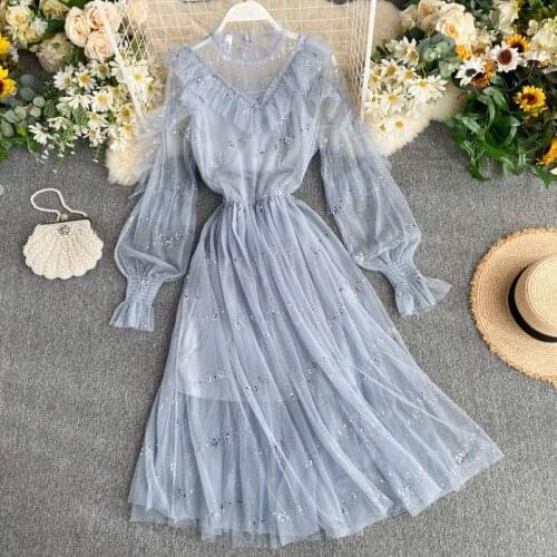 Summer Dress 2021 Elegant Fairy Long Dress Sweet Women Mesh Sequined Party Dresses Lantern Sleeve Ruffles Elegant Vestidos 12042