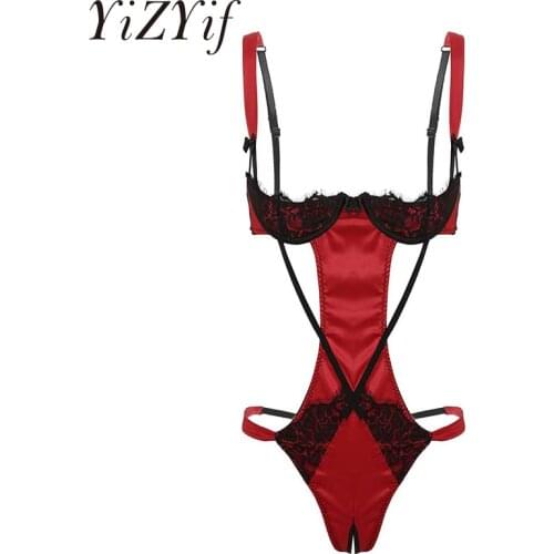 Womens Sexy Erotic Bodysuit Lingerie Nightwear Open Cup Bra 1/4 Underwired Cups Backless and Crotchless Teddy Bodysuit Sleepwear