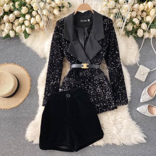 2021 spring autumn new double-breasted suit coat women bling glittering sequined suit jacket + wide leg shorts suit 2-piece set