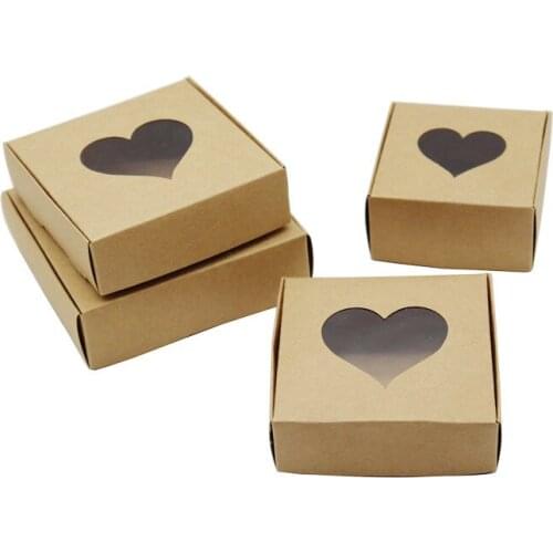 30Pcs Kraft Paper Gift Box with Heart Window Handmade Soap Boxes Wedding Gift Box Party Decoration Multi Sizes