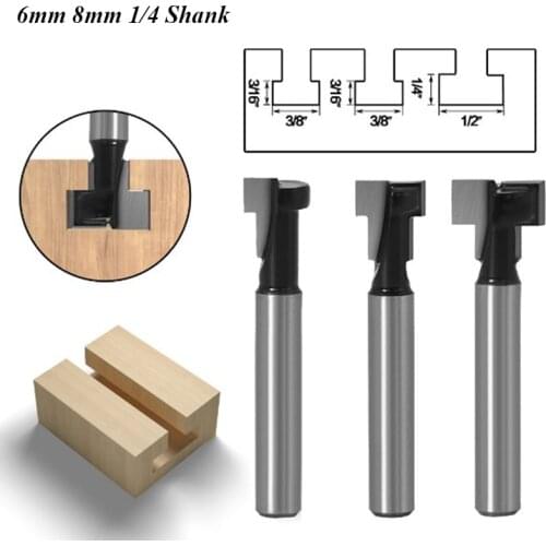 3pcs 6mm 1/4" 8mm Shank T-Slot Cutter Router Bit Set Wood Cutter Hex Bolt Key Hole Bit T Slotting Milling Cutter for Woodworking
