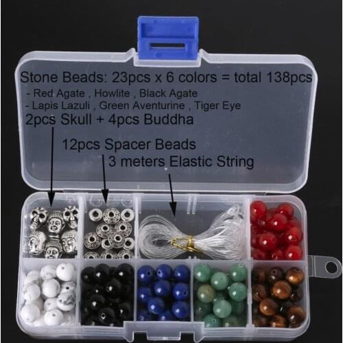Natural 8mm 138pcs Stone Beads + 18pcs Alloy Beads + 3 Meter Elastic Wire Handmade DIY Set Box Kits Fit Jewelry Findings Making
