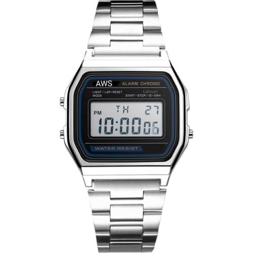 AWS WATERPROOF HIGH QUALITY STAINLESS STEEL WATCH UNISEX WATCH Mens A158W Stainless Steel Digital Watch