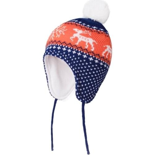 Connectyle Toddler Infant Baby boys Girls Winter Skull Hat Deer Jacquard kids Earflap Thick Warm Knitted Woolen Hat With Pom