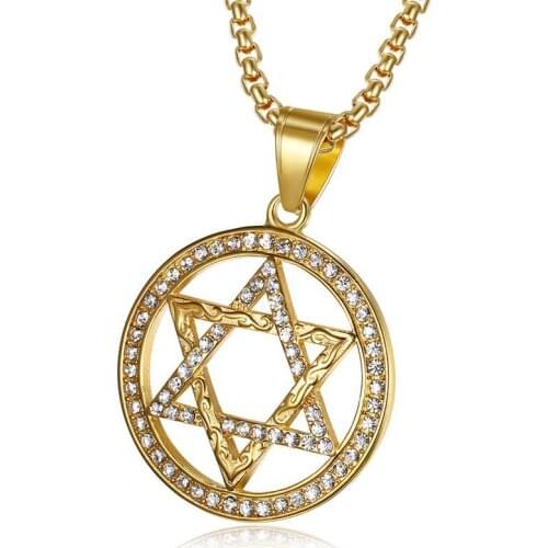 Jewish Magen Star of David Pendants With Chain Gold Color Iced Out Hexagram Necklace Israel Mens Hip Hop Jewelry Dropshipping