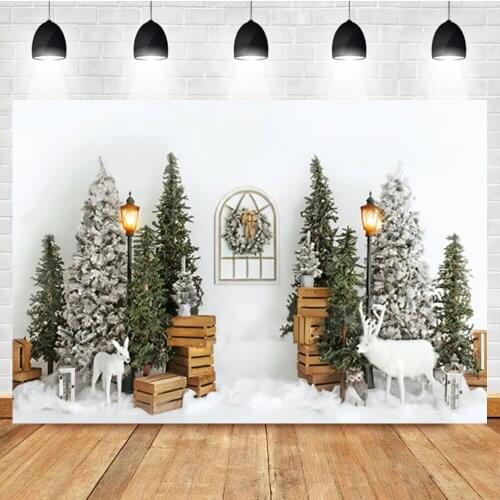 Laeacco Winter Baby Birthday Portrait Christmas Tree Reindeer Snow Backdrop Photographic Photo Background For Photo Studio