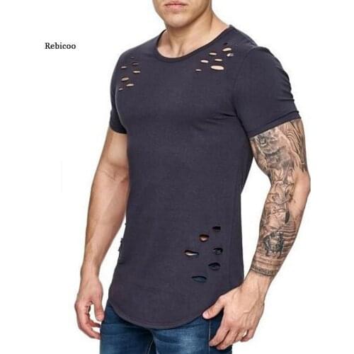 New Spring Short t Shirt Men Fashion Hole Design Fitness T-Shirt Summer Short Sleeve Solid Slim Fit Hip Hop Tshirt