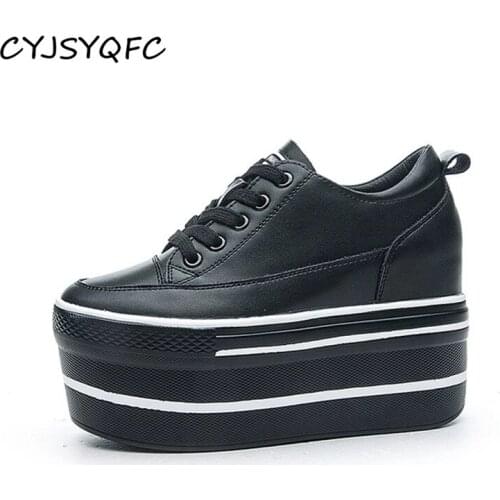 CYJSYQFC New Spring Autumn Genuine Leather Platform Shoes For Women Wedges Increased 10.5CM Thick Soled High Heel Woman Sneakers