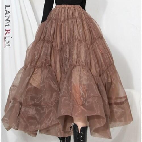 LANMREM 2021 autumn winter Skirt Women All-match Chiffon High Waist Brown Ruffled Midi Skirts Streetwear 2D1326