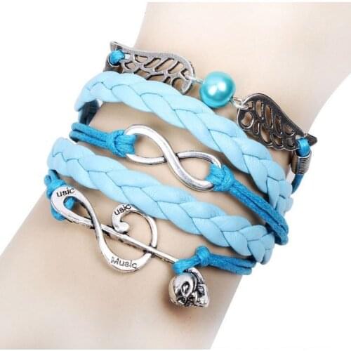 Fashion Leather Bracelet Charms Women Parcord Music Melody Love Kitty Navy Bike Camera Heart Angel Wing Casual Dress Jewelry