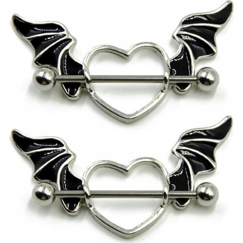 MODRSA 1Pair Bat Wing Nipple Shield Ring Stainless Steel Nipple Piercing Heart Shape Barbell Breast Rings Body Jewelry