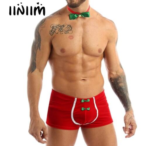 Mens Velvet Christmas Fancy Cosplay Costume Clubwear Mid Rise Front Jockstraps Bulge Pouch Boxer Shorts Underwear with Bowtie