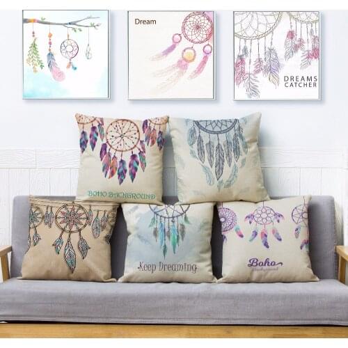 Watercolor Bohemian Feather Print Pillow Cover 45*45cm Cushion Cover Linen Throw Pillows Cases Sofa Home Decor Cushion Covers
