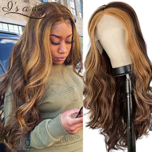 Is a wig Long Body Wave T-part Lace Wigs Highlight Brown Synthetic Lace Front Wig for Women Middle Part Brazilian Fake Hair