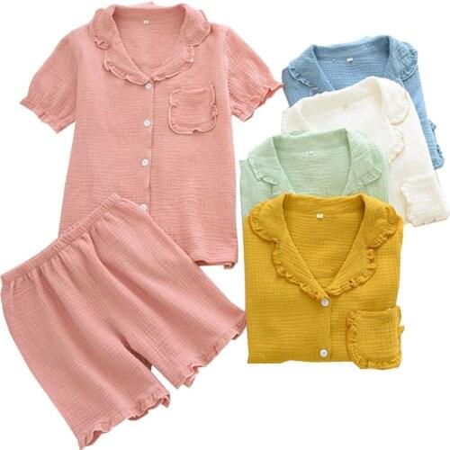 2021 Summer New Girls' Cute Solid Color Turn-Down Collar Soft Pajamas Set 2Pcs Gauze Cotton Sweet Colorful Women Sleepwear Set