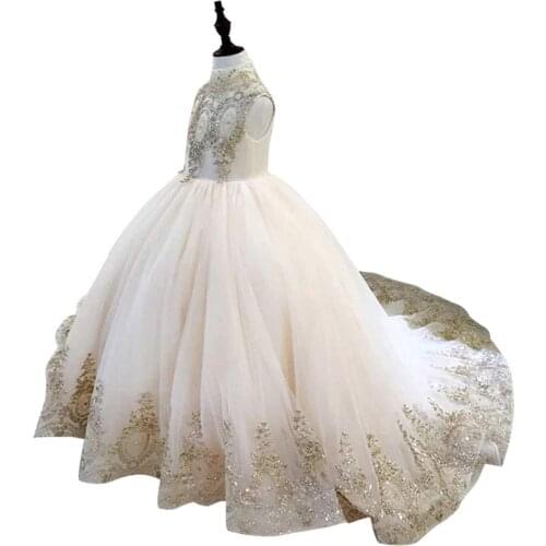 Yoliyolei Sequins Turtleneck Wedding dress 2021 Children Bridesmaid Floor Tail Birthday Formal Prom Evening Dress for Girls