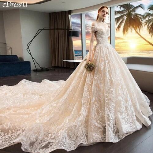 Monarch Train Wedding Dress Elegant Corset Bridal Dress Boat Neck Embroider Wedding Gown Beading Robe de Mairee OY-Y690