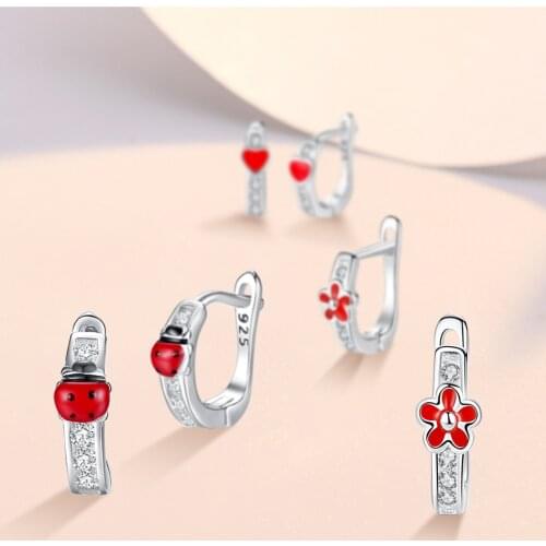 ELESHE Christmas Jewelry 925 Sterling Silver Earrings Red EnamelAnimal Ladybug Flower Leaf Clover Hoop Earrings for Women Kids