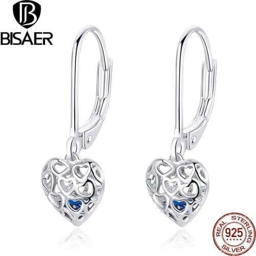 Wedding Jewelry BISAER Hot Sale 925 Sterling Silver Love Heart Shape Drop Earrings for Women Blue Zircon Wedding Jewelry ECE746