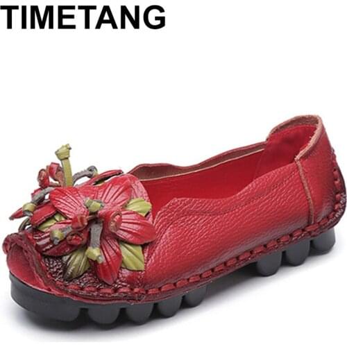 TIMETANGWomen Shoes Handmade Genuine Leather Casual Shoes Women Floral Solid Flat Shoes Vintage Cow Leather Loafers Shoes Woman
