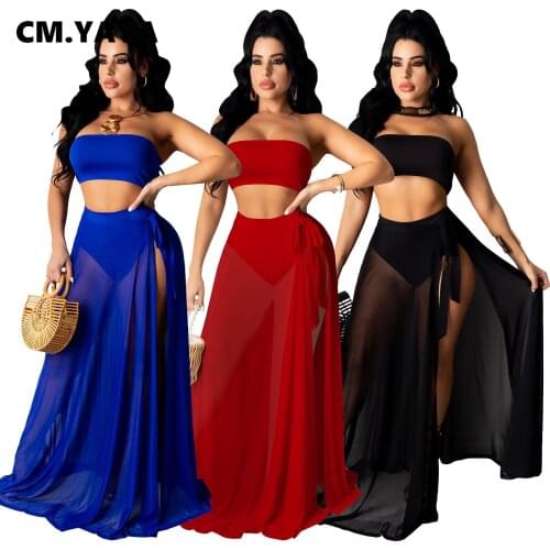 CM.YAYA Women Summer Sets Solid Sleeveless Crop Tops Mesh See-through Drawstring Long Skirts 3 Piece Set Sexy Beach Outftis 2021