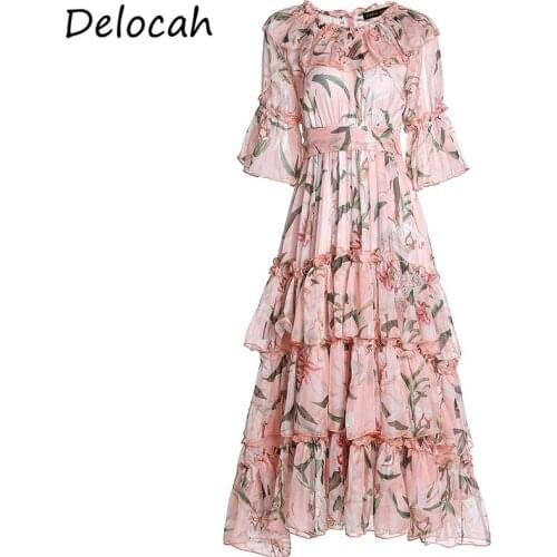 Delocah Glamorous Slash neck Ladies Long Dress Holiday Flare Sleeve Bow Sashes Floral Print Chiffon Dresses vestidos
