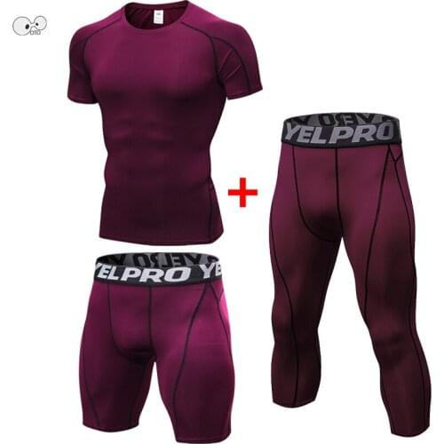 3 pcs Sport Suit 2019 Quick Dry Mens Running Set Compression Shirts+Shorts+Capris Tights Clothing Gym Fitness Jogging Sportswear