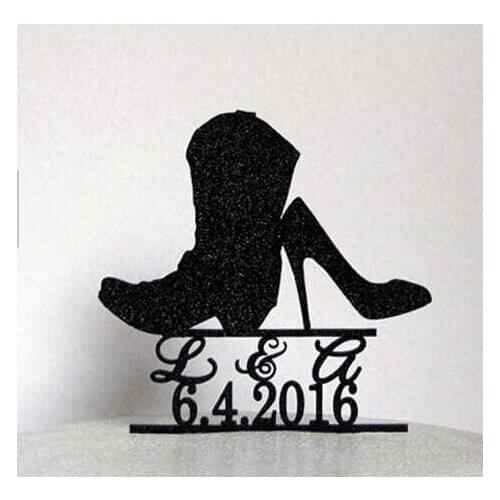 Acrylic wedding cake toppers Cowboy Boot and High Heel with your initials and wedding date engagement bridal shower party tools
