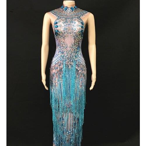 Sparkly Blue Fringes Dress Singer Performance Tassels Dresses Party Celebrate Glisten Rhinestones Costume Sleeveless Long Dress