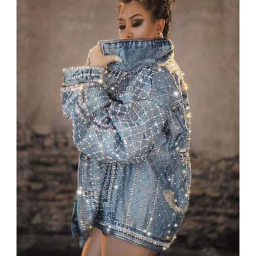 Sparkly Rhinestone Beads Loose Denim Jacket Outfit Fashion Design Dancer Dj Singer Stage Wear Nightclub Coat Performance Costume