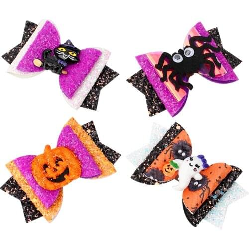 Cheer Bow 3" Halloween Hair Bows Clips Glitter Cartoon Pumpkin Ghost Spider Hairgrips For Girls Kids Party Hairpins Accessories