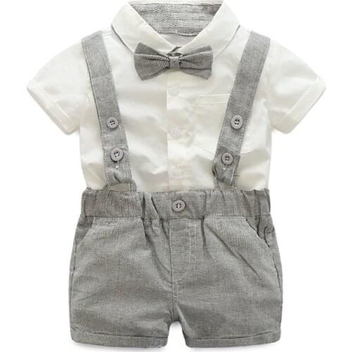 Children Clothes Summer Baby Boys Suit Set Gentleman White Shirt + Bow + Shorts with Suspenders Newborn Party Birthday Costume