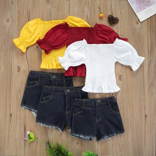 Summer New Girls Clothes 2pcs Fashion Girl Puff Sleeve Solid Top Denim Shorts Children Clothing Set Kids Girls Clothes Suit