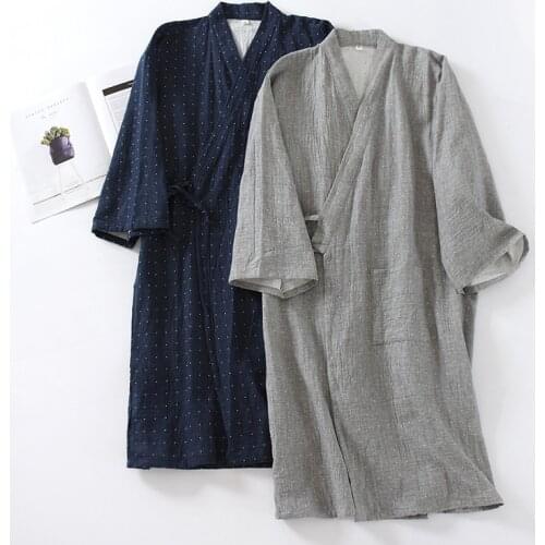 Cotton Kimono Style Bathrobe Mens Spring Summer and Autumn Thin Steamed Bathrobe Nine-quarter Sleeves One-piece Robe Men Kimono