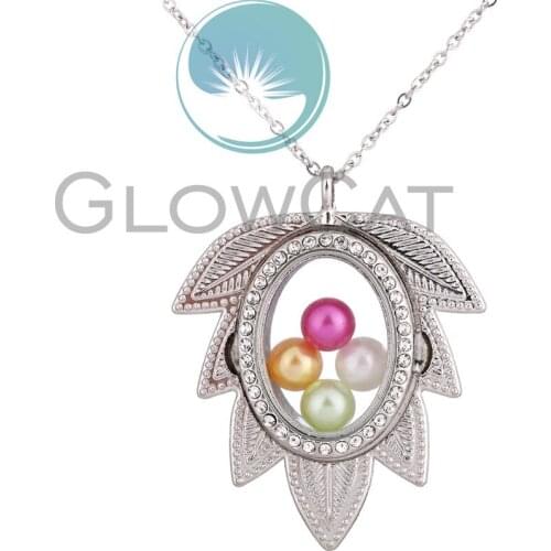K1521 Rhinestone Leaves Magnetic Locket Charm Living Memory Photo Glass Locket Pearl Cage Floating Pendant Necklace