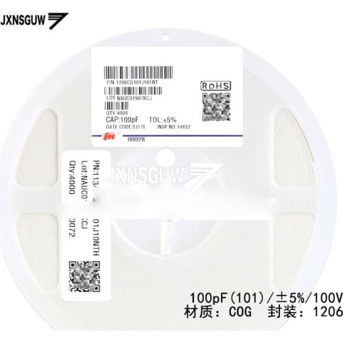 100PCS Chip capacitors 1206 5% 100V COG 100pF 101 FH