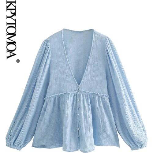 KPYTOMOA Women 2021 Fashion With Buttons Ruffled Blouses Vintage V Neck Long Sleeve Female Shirts Chic Tops