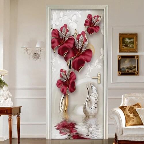 Red Flower Butterfly Jewelry 3D Door Stickers Home Decor Modern Living Room Bedroom Door Decoration Sticker Wall Mural Wallpaper