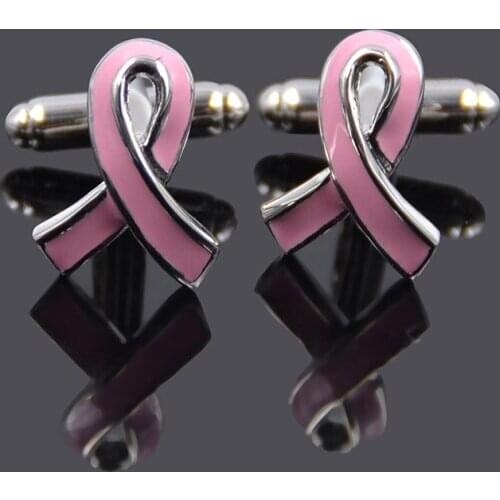 Fashion lychee 2pcs Unique Design Pink Ribbon Cancer Care Cufflinks Cuff Link Stainless Steel Silver Jewelry