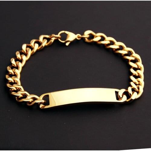 Wholesale 10mm Popular Jewelry 316L Stainless Steel Gold Color ID Tag Cuban Link Chain Mens Boys Bracelet Bangle 8.66" Hotsale
