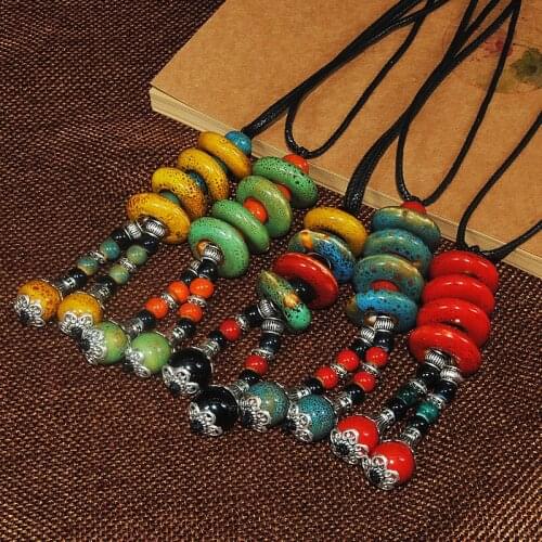 12 Pieces/Lot Charm Necklace Women Ceramic Beads Tassel Pendants Necklaces Vintage Alloy Flower Bead Choker Ethnic Jewelry Men