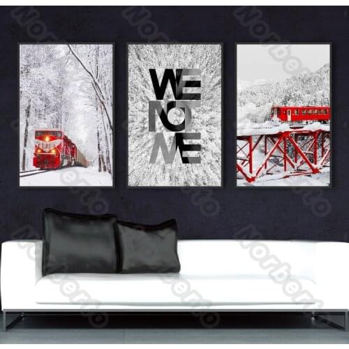 Snow Landscape with Red Train and Rail Canvas Painting Wall Poster Painting Picture for Living Room Bedroom Wall Decoratio