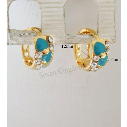 Foromance YELLOW GOLD SOLID PLATED BLUE ENAMEL HEART PATTERN HUGGIE CZ STONES HOOP EARRING