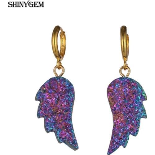 ShinyGem Classical Angel Feather Wing Natural Druzy Crystal Hoop Earrings Gold Plating Hoop Drop Stone Earrings For Women Gift