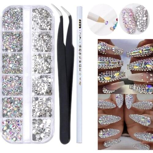 12Grids/Case AB White Nail Rhinestones Crystal Diamond Glitter Strass Nail Dotting Pen 3D Nail Art Decorations DIY Accessories