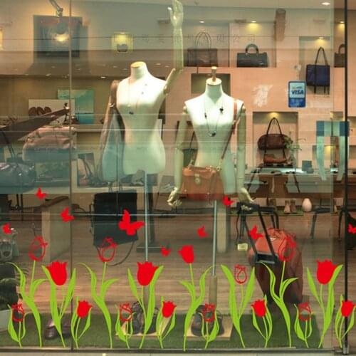 Tulips Flowers Window Stickers PVC Material Colorful Butterflies DIY Wall Decals for Living Room Shop Glass Window Decoration