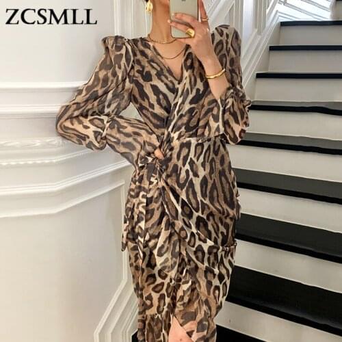 ZCSMLL Korean sexy vintage leopard print vestido V-neck tie ruffle stitching long sleeve fashion women dress 2021 summer spring
